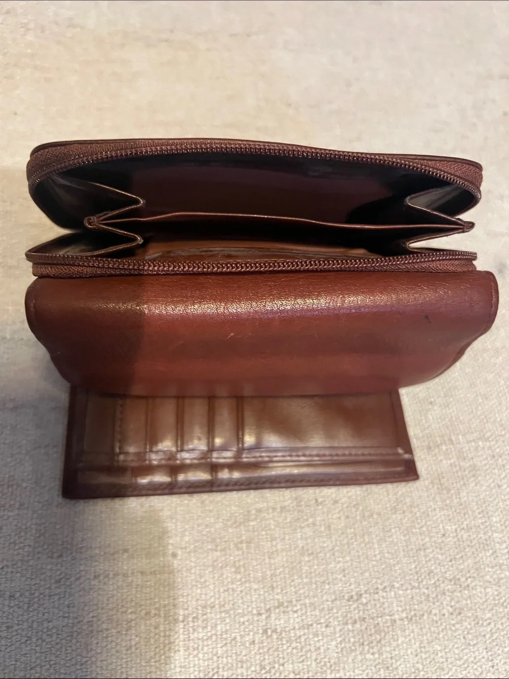 Vintage Dopp Brown Fold-Over Leather Wallet with Zip Tab vintage .
